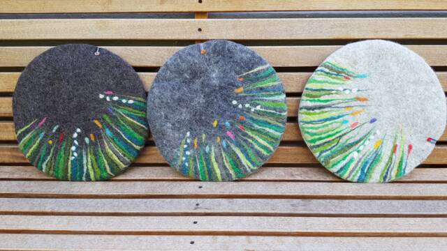 Handfelted Seat Cushion With Grass & Flowers Spring, Gray - image 1