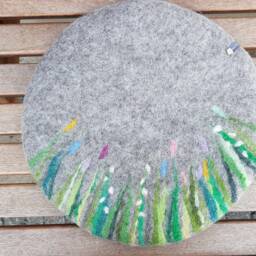 Handfelted Seat Cushion With Grass & Flowers Spring, Gray - thumbnail 4