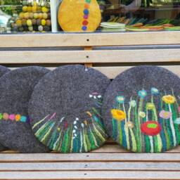 Handfelted Seat Cushion With Grass & Flowers Spring, Gray - thumbnail 2