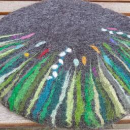 Handfelted Seat Cushion With Grass & Flowers Spring, Gray - thumbnail 3