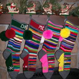 Hand Knit Christmas Stocking Gray Burgundy Red Spruce Tree Rag Series Rainbow Stripe By Santa's Works - thumbnail 4