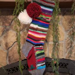 Hand Knit Christmas Stocking Gray Burgundy Red Spruce Tree Rag Series Rainbow Stripe By Santa's Works - thumbnail 2
