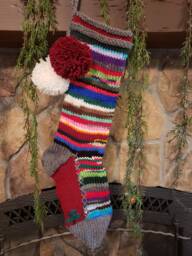 Hand Knit Christmas Stocking Gray Burgundy Red Spruce Tree Rag Series Rainbow Stripe By Santa's Works