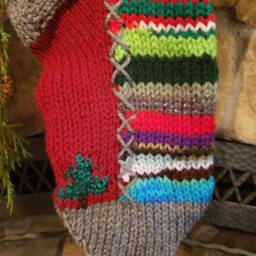 Hand Knit Christmas Stocking Gray Burgundy Red Spruce Tree Rag Series Rainbow Stripe By Santa's Works - thumbnail 3
