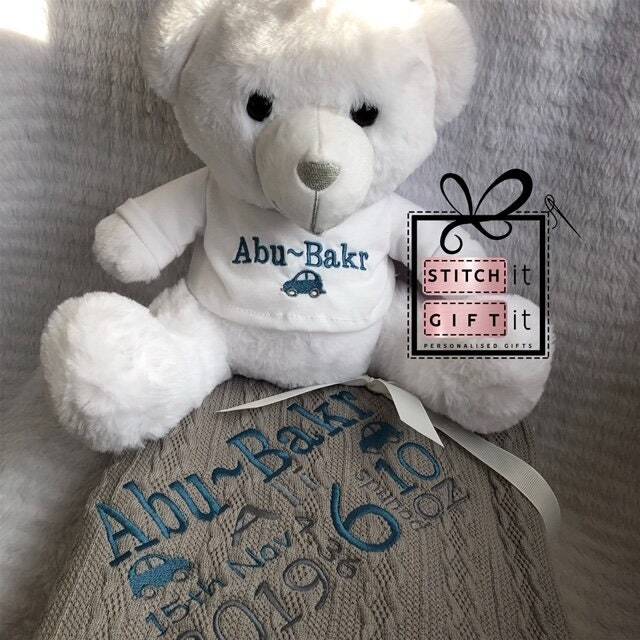 Personalised Baby Gift Set Cable Knitted Pink Blue Car Flower Nursery Blanket & White Teddy -Name Embroidered Pom Pom/Sherpa Reverse - image 1