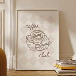 Coffee Club Kitchen Beige Checkered Print , Retro Vintage Print, Minimalist Netural Checked Gift For Lover - thumbnail 3