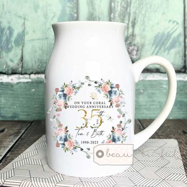 Personalised Coral Wedding Anniversary Gift 35Th 35 Ruby Silver Golden Diamond Floral Ceramic Small Vase Jug Mug - image 1
