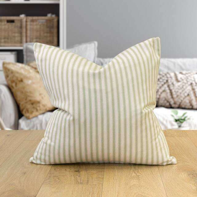 Nautical Cotton Ticking Stripe Cushion. Nature Inspired Sage Green & Bright White Design. 17x17