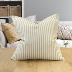 Nautical Cotton Ticking Stripe Cushion. Nature Inspired Sage Green & Bright White Design. 17x17