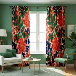 Bold Tropical Floral Curtains, Vibrant Red, Green & Blue Botanical Print Drapes, Modern Boho Window Treatment, Custom Length Panel Curtains - thumbnail 1