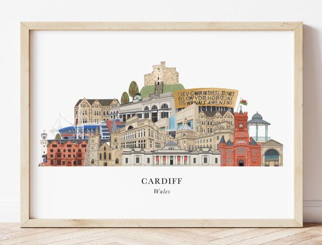 Cardiff Skyline Print V2, Poster, Cityscape, Wall Art, Wales Gift, Illustration, Wedding Welsh - image 1
