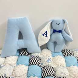 Bunny Personalized Velour Pillow & Letter Set Blue Nursery Decor - thumbnail 1