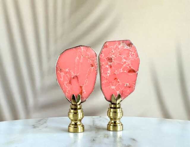 Salmon Pink Jasper Lamp Finials On Shiny Brass Hardware - A Matching Pair Of Sea Sediment Gilded Stone Toppers - image 1