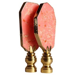 Salmon Pink Jasper Lamp Finials On Shiny Brass Hardware - A Matching Pair Of Sea Sediment Gilded Stone Toppers - thumbnail 2