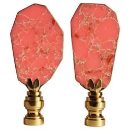 Salmon Pink Jasper Lamp Finials On Shiny Brass Hardware - A Matching Pair Of Sea Sediment Gilded Stone Toppers - thumbnail 3