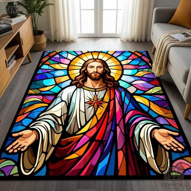 stained Glass Jesus Rug - Sacred Heart Christian Mat, Colorful Church Decor - image 1