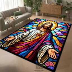 stained Glass Jesus Rug - Sacred Heart Christian Mat, Colorful Church Decor - thumbnail 2