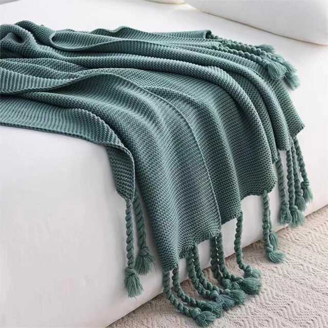 Nordic Knitted Throw Blanket Organic Cotton Bed Cover With Tassels - image 1