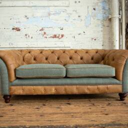 British Handmade 3 Seater Distressed Vintage Light Tan Leather With Green Herringbone Wool Chesterfield Sofa - thumbnail 2