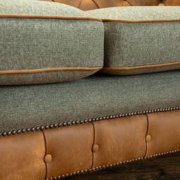 British Handmade 3 Seater Distressed Vintage Light Tan Leather With Green Herringbone Wool Chesterfield Sofa - thumbnail 4