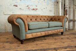 British Handmade 3 Seater Distressed Vintage Light Tan Leather With Green Herringbone Wool Chesterfield Sofa - thumbnail 1
