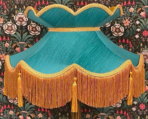 Handmade Azure Blue Victorian Lampshade Gold Fringe Tassel Shade - image 1