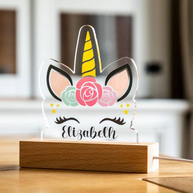 Personalised Unicorn Night Light Beech Wood Base, Kids Lamp - Uv585 - image 1