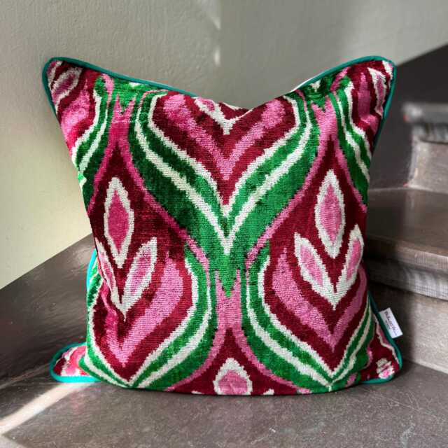 Velvet Ikat Pillow Cover Tulips - Decorative Cushion For Sofa Or Bed - image 1