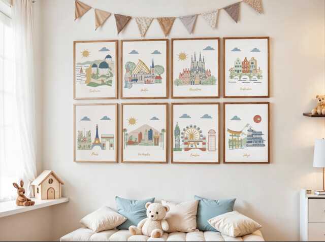 Travel Theme Nursery Prints, City Skyline Art, Set Of 8 - image 1