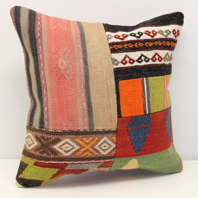 Handmade Kilim Pillow Cover 18x18, Turkish Patchwork Accent Cushion - image 1