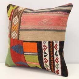 Handmade Kilim Pillow Cover 18x18, Turkish Patchwork Accent Cushion - thumbnail 3