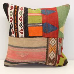Handmade Kilim Pillow Cover 18x18, Turkish Patchwork Accent Cushion - thumbnail 2