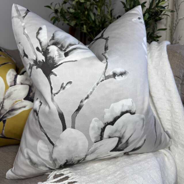 Magnolia Floral Cushion Cover, Grey - Ochre Pillow Cover For Sofa Chair/Harlequin Lotus Fabric - image 1