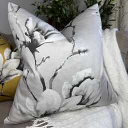 Magnolia Floral Cushion Cover, Grey - Ochre Pillow Cover For Sofa Chair/Harlequin Lotus Fabric - thumbnail 1