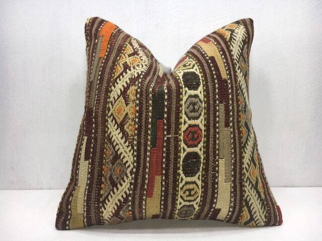 Vintage Handwoven Kilim Pillow, Bohemian Turkish Throw Pillow - 16x16 - image 1