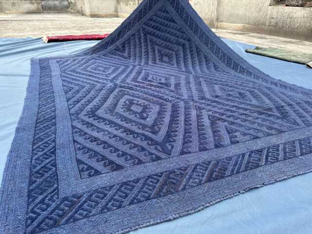 Handmade Indigo Blue Rug 7x10, Textured Navy Wool Kilim, Geometric Diamond Accent Rug, Moroccan Style Pile Mixture Weaved Monochrome - image 1