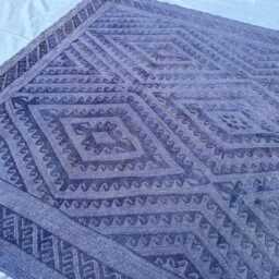 Handmade Indigo Blue Rug 7x10, Textured Navy Wool Kilim, Geometric Diamond Accent Rug, Moroccan Style Pile Mixture Weaved Monochrome - thumbnail 4
