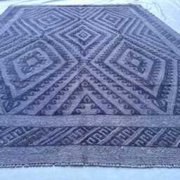 Handmade Indigo Blue Rug 7x10, Textured Navy Wool Kilim, Geometric Diamond Accent Rug, Moroccan Style Pile Mixture Weaved Monochrome - thumbnail 3