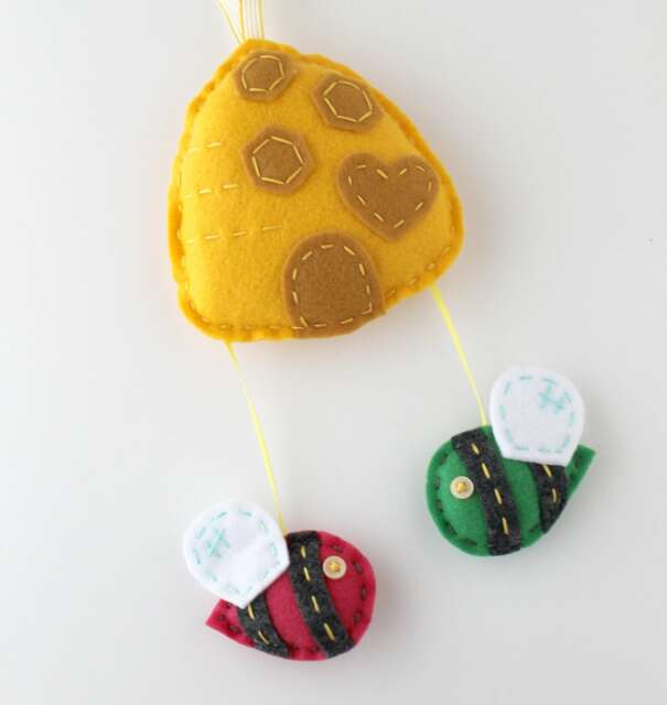Felt Bee Hive. Wall Hanging. Mobile. Childrens Decor. Nursery Woodland. Bumble Bees. Plush Art. Woodland Theme - image 1
