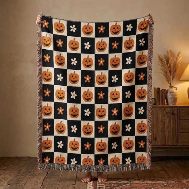 Halloween Pumpkin Woven Blanket, Checkered Jack O Lantern Throw Spooky Fall Decor, Cozy Gift - image 1