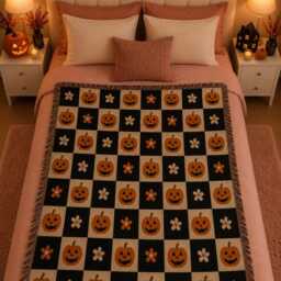 Halloween Pumpkin Woven Blanket, Checkered Jack O Lantern Throw Spooky Fall Decor, Cozy Gift - thumbnail 2