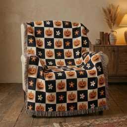 Halloween Pumpkin Woven Blanket, Checkered Jack O Lantern Throw Spooky Fall Decor, Cozy Gift - thumbnail 3
