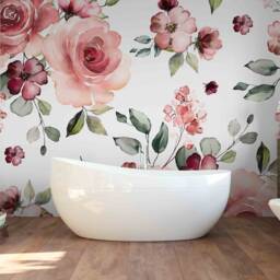 Pink Floral Wallpaper, Green Leaf Wall Mural, Removable Sticker - thumbnail 3