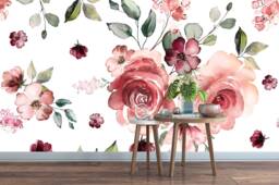 Pink Floral Wallpaper, Green Leaf Wall Mural, Removable Sticker