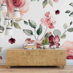 Pink Floral Wallpaper, Green Leaf Wall Mural, Removable Sticker - thumbnail 2