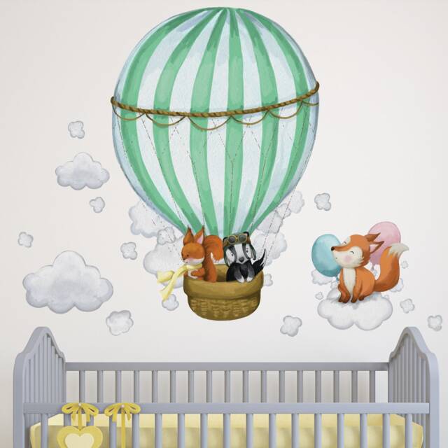 Woodland Animals Hot Air Balloon Nursery Wall Stickers Watercolor Decals - image 1