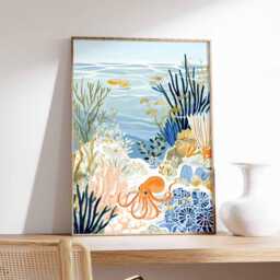 Octopus Poster, Ocean Animal Wall Art, Nautical Sea Life Decor, Print, Marine Creature Coastal Gift Print - thumbnail 2