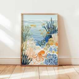 Octopus Poster, Ocean Animal Wall Art, Nautical Sea Life Decor, Print, Marine Creature Coastal Gift Print - thumbnail 1