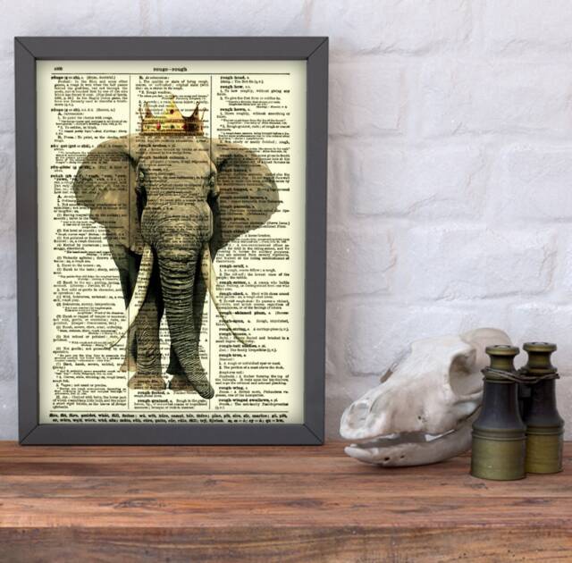 Elephant Art Print On An Antique Dictionary Page Funny Wall Decor - image 1