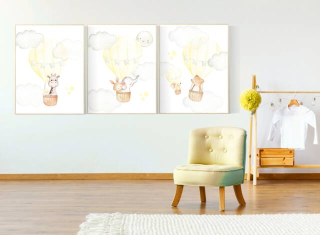 Yellow Nursery Print Hot Air Balloon Animals Wall Art - image 1
